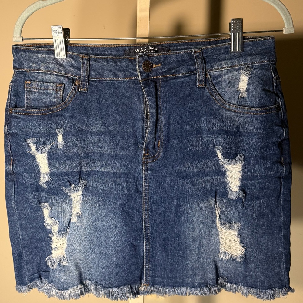 Wax Jean Frayed Hem Blue Mini Skirt